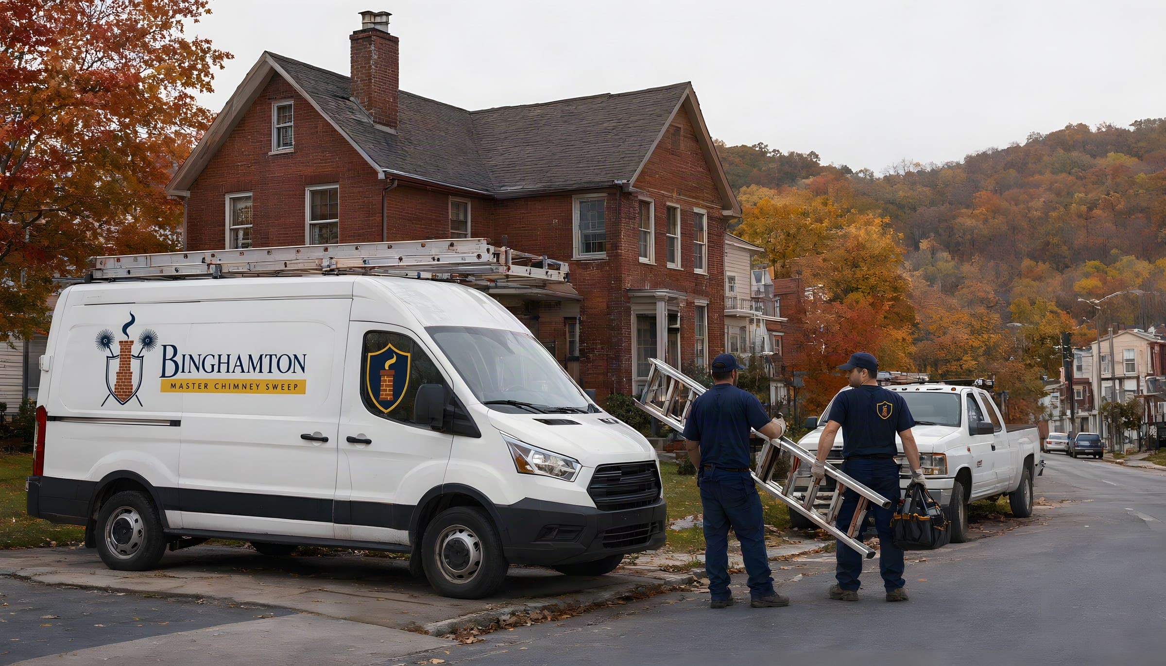 Two Binghamton Master Chimney sweeps carrying a ladder from the company van to a brick house on an autumn street