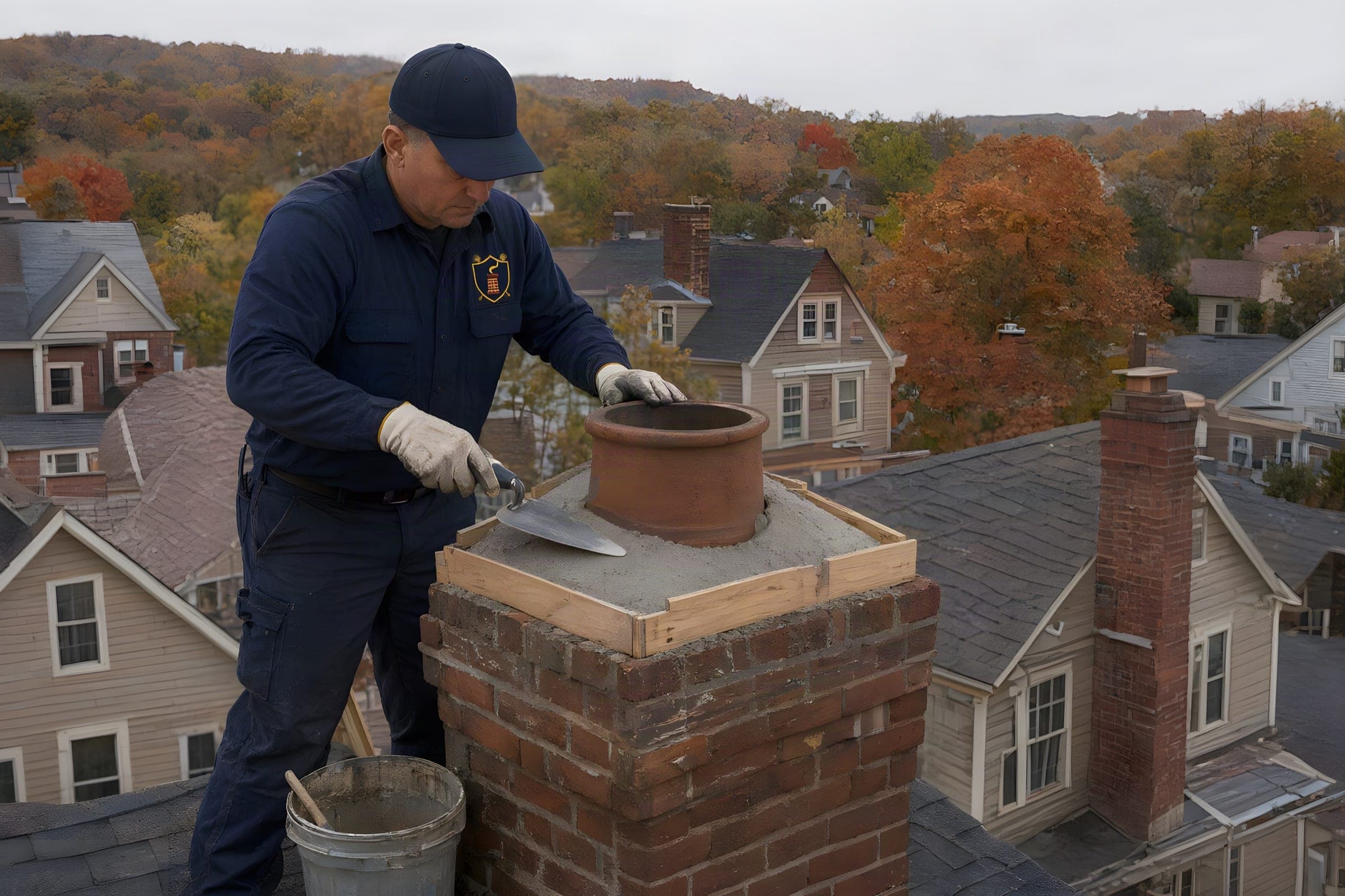 Mason troweling a new concrete chimney crown inside wooden forms around the flue tile
