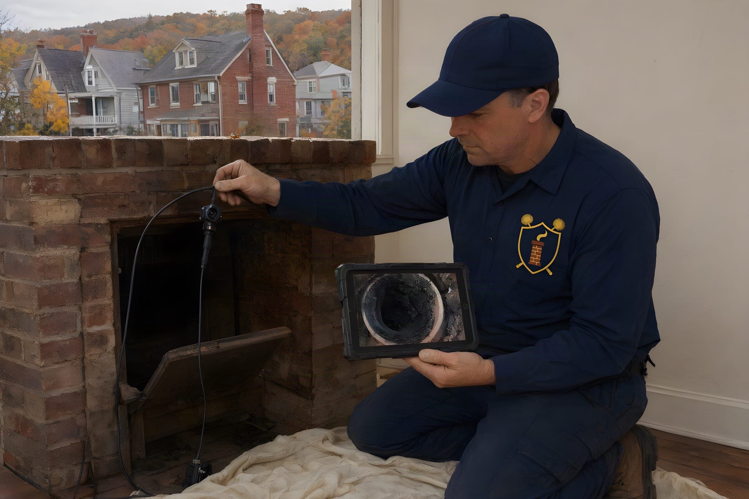Technician running a camera up a fireplace flue with the inside of the flue showing on a tablet