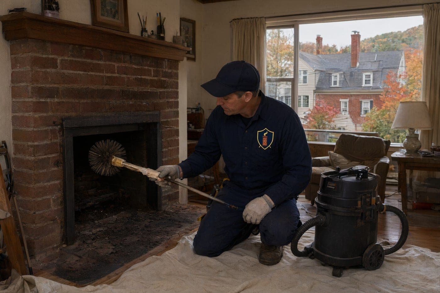 Sweep on a drop cloth brushing out a living-room brick fireplace with a shop vacuum beside him