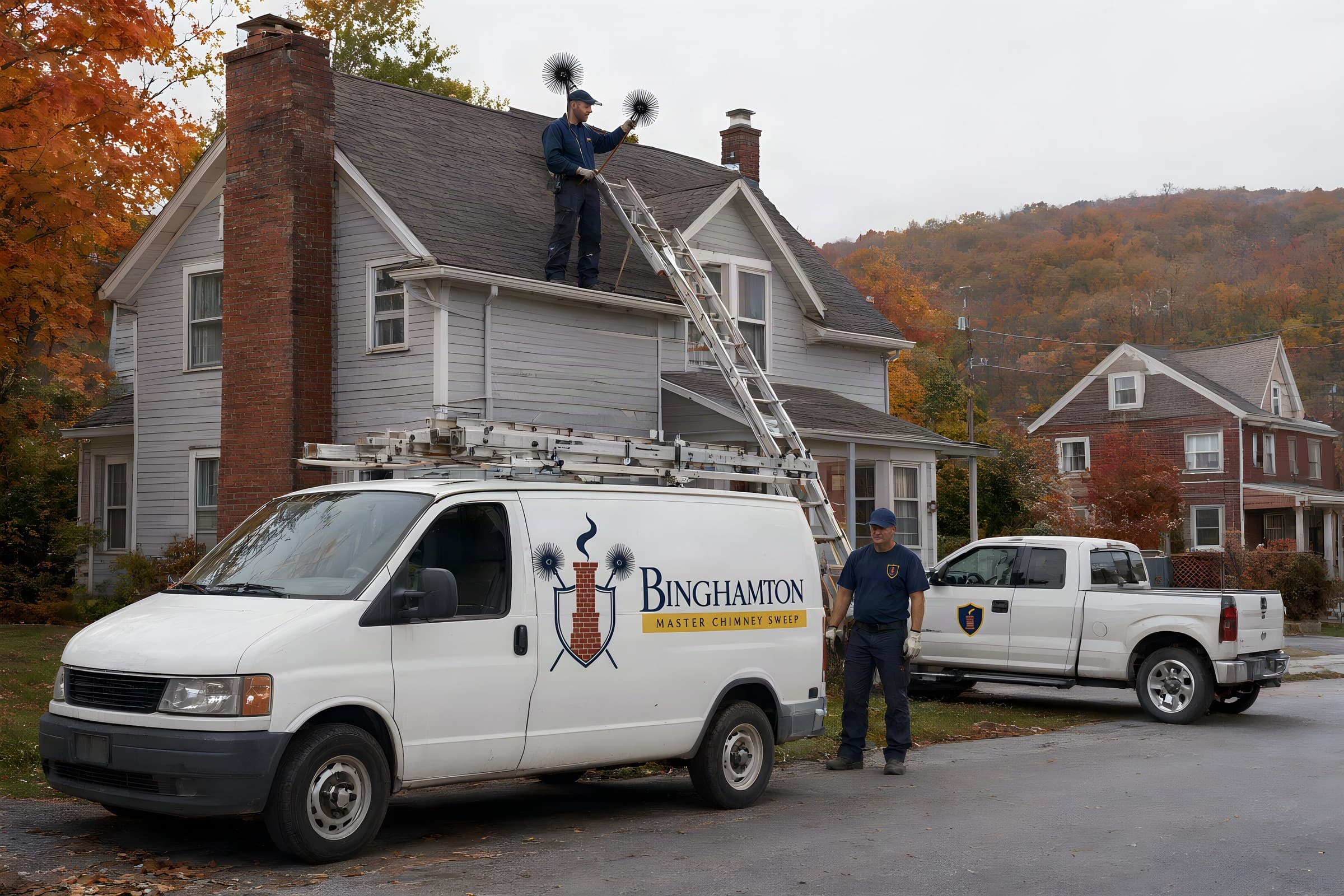 Binghamton Master Chimney Sweep van in front of a grey clapboard house while a sweep on the roof holds wire chimney brushes