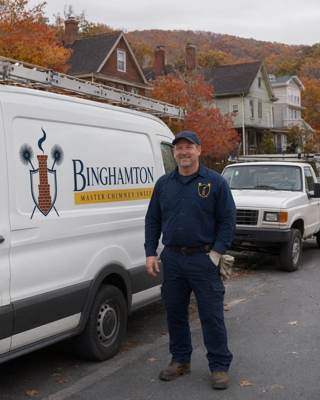 Owner in a navy work shirt with the shield badge standing by the company van